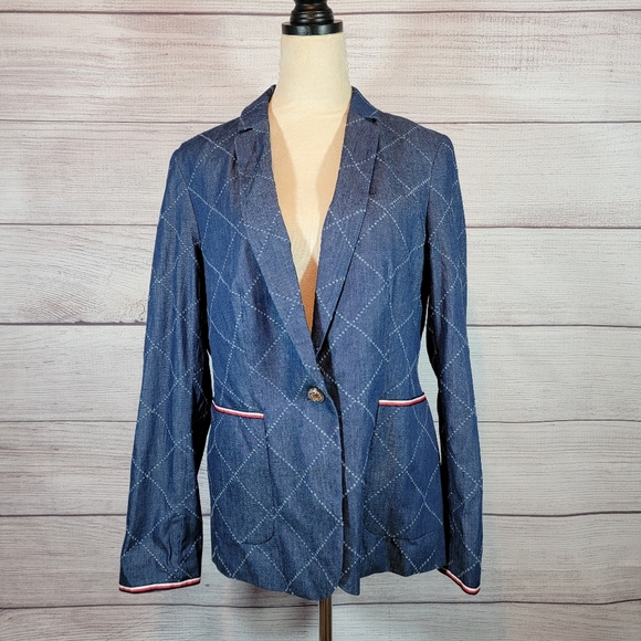 Tommy Hilfiger Diamond Long Sleeve Chambray Statement Blazer Blue Size 12 - Picture 3 of 8